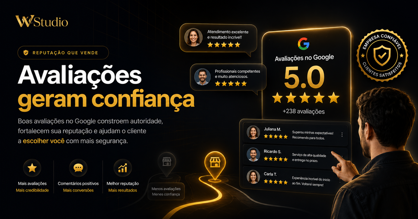 Imagem conceitual sobre avaliações no Google influenciando a confiança e a decisão do cliente