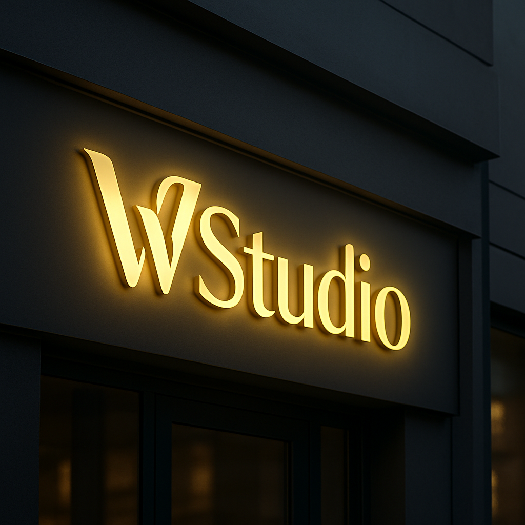 Logo da W Studio aplicado em fachada luminosa