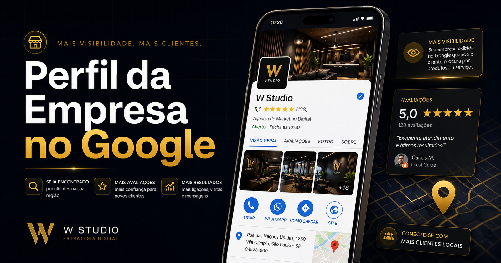 Imagem conceitual de um Perfil da Empresa no Google com avaliações, informações e botão de contato