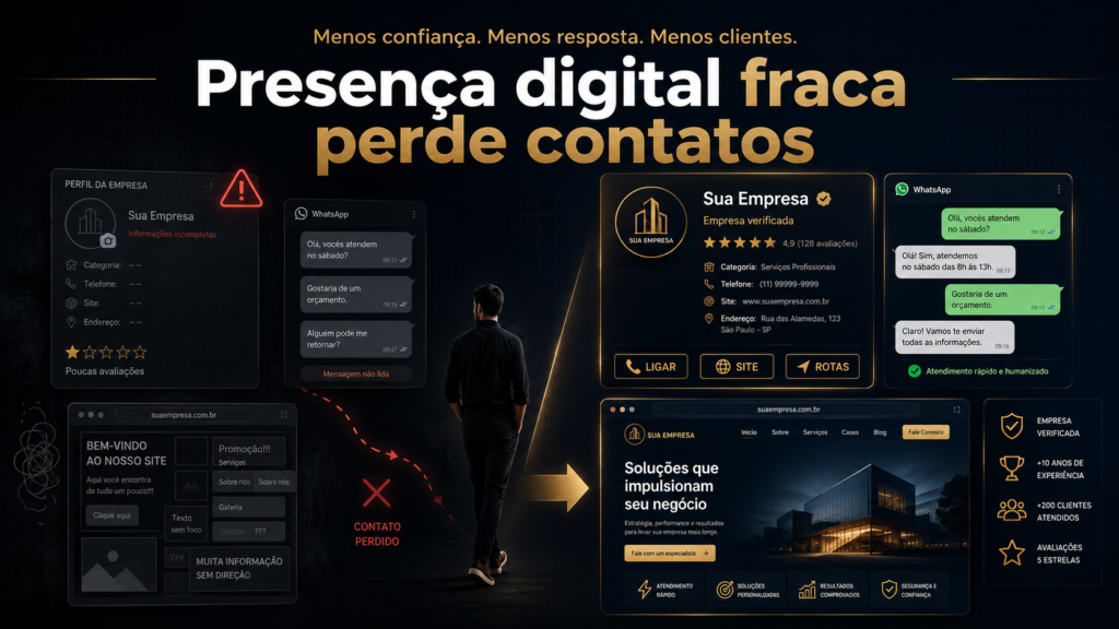 Imagem conceitual mostrando como uma presença digital fraca pode fazer uma empresa perder contatos