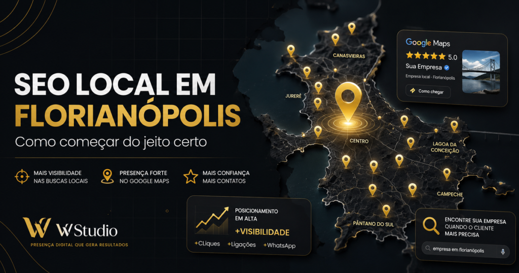 Imagem conceitual sobre SEO local em Florianópolis com mapa, pins e presença regional no Google.
