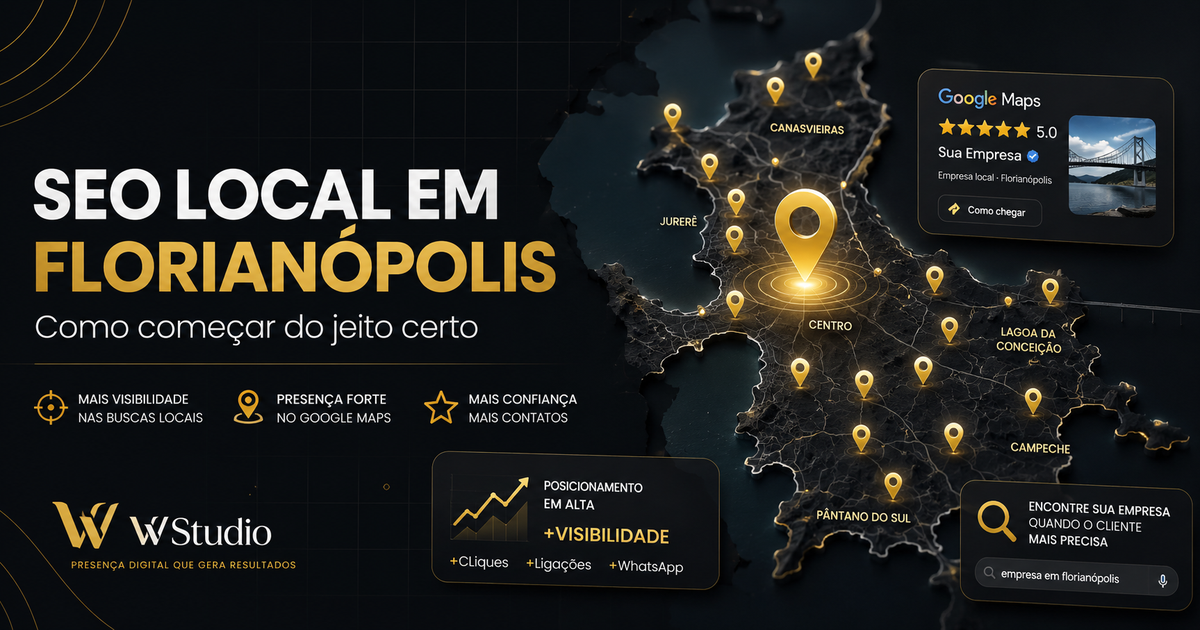 Imagem conceitual sobre SEO local em Florianópolis com mapa, pins e presença regional no Google